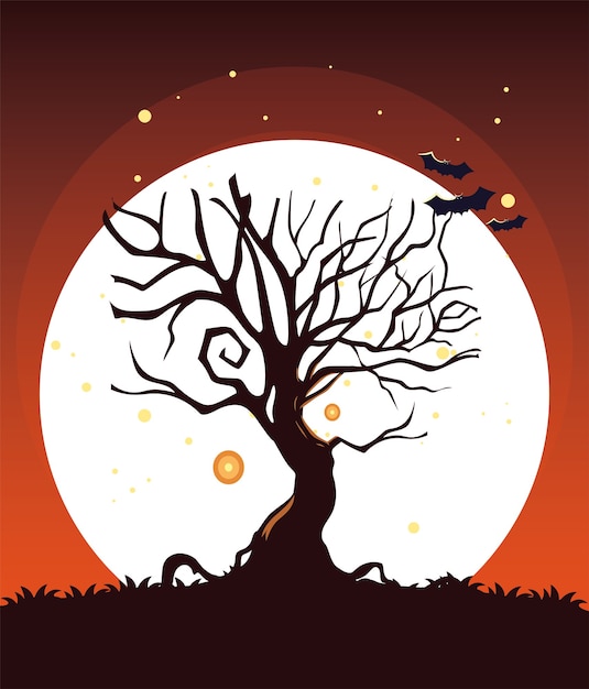 Árbol de Halloween y murciélagos frente al diseño de la luna, vacaciones e ilustración de tema aterrador