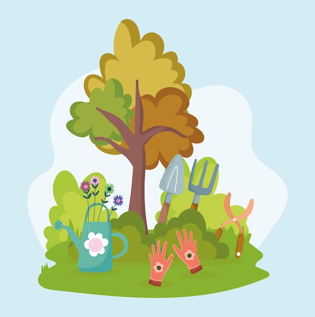 Árbol de herramientas de jardín de dibujos animados