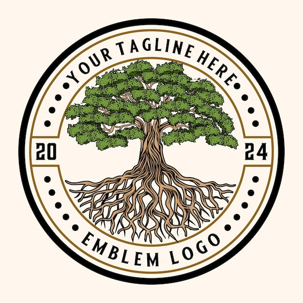 Árbol de hoja de roble raíz familia Árbol de roble banyán arce sello emblema etiqueta diseño de logotipo de estilo vintage vector