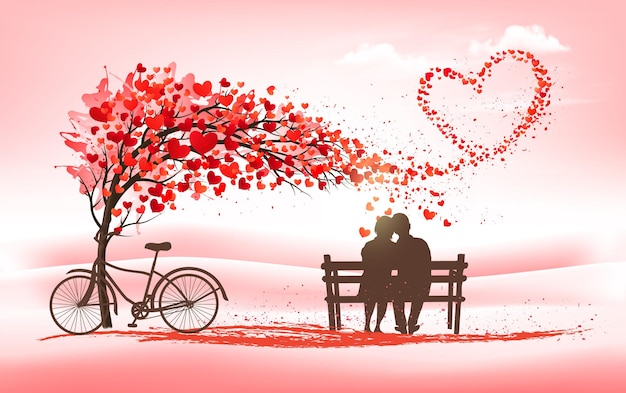 Un árbol con hojas en forma de corazón y una bicicleta con una pareja enamorada vector