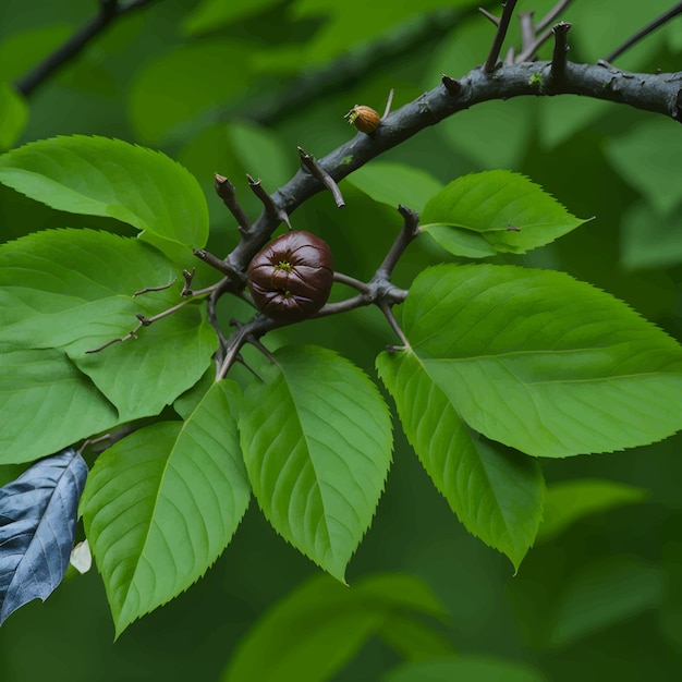 Vector un árbol con hojas verdes y una bellota marrón.