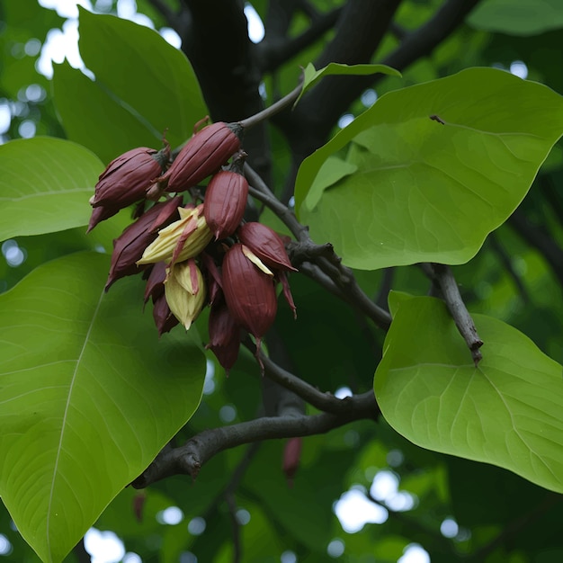 Vector un árbol con hojas verdes y una flor que está a punto de abrirse.