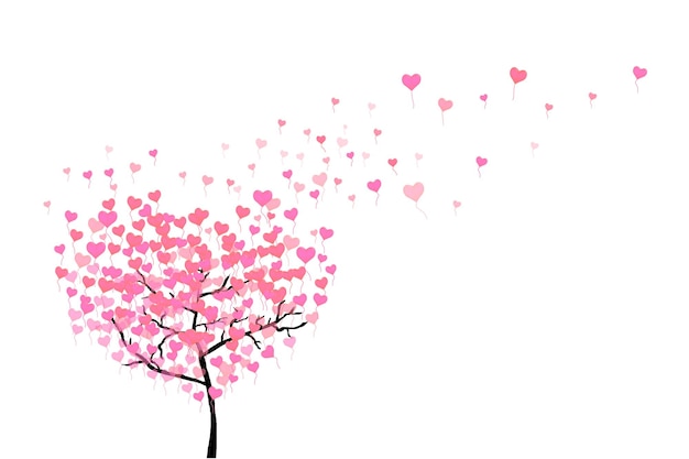 Vector un árbol con hojas voladoras de globos en forma de corazones aislados en blanco corazones rosas vuelan de un árbol concepto de corazón roto vector eps10