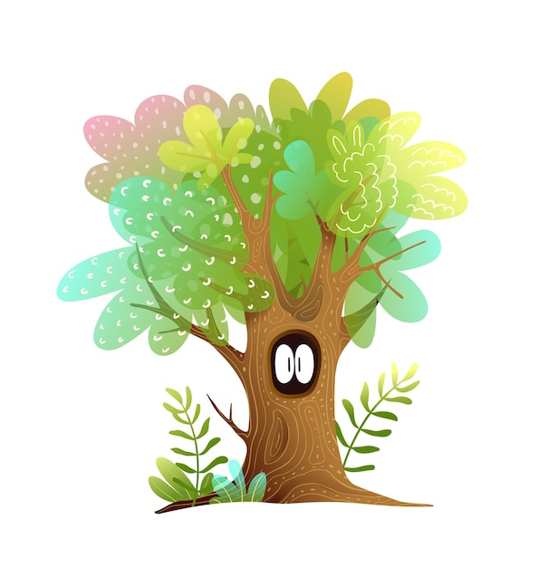 Vector Árbol hueco y ojos divertidos espeluznantes mirando desde el árbol. ilustración de misterio de estilo acuarela de cuento de hadas para niños. clipart de bosque aislado para el diseño de vectores de niños.