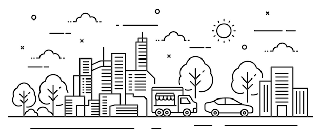 Árbol de ilustración en estilo de línea con coche