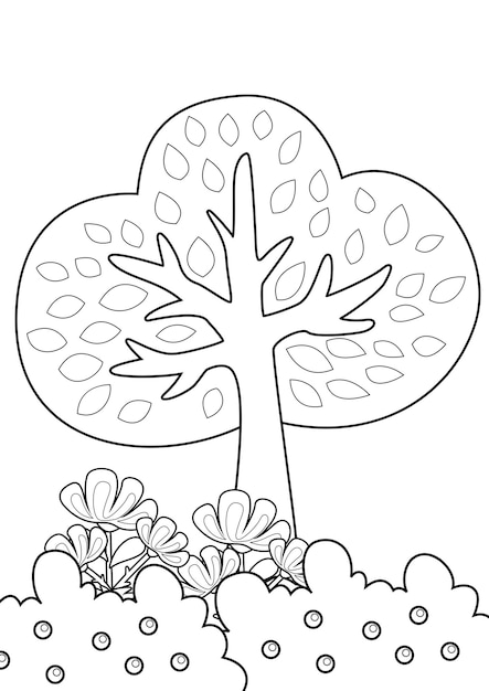 Árbol de jardín y flores en la naturaleza página para colorear para niños y adultos