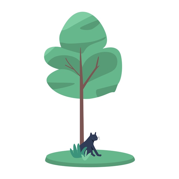 Árbol joven con gato negro debajo del objeto vectorial de color semiplano