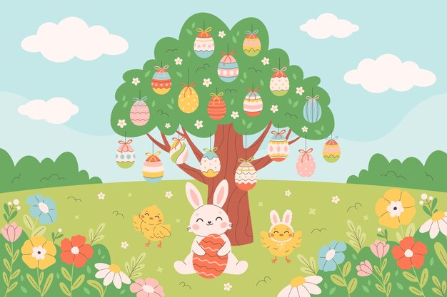Árbol lindo con huevos de Pascua coloridos polluelos de conejo en el prado de primavera paisaje de primavera
