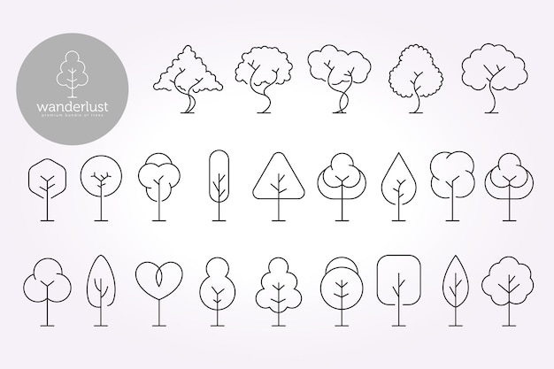 árbol línea de arte icono plantilla de logotipo paquete de diseño de ilustraciones de colección de elementos forestales