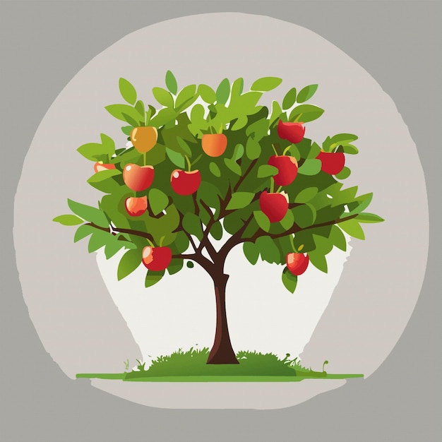 Vector Árbol de manzana de dibujos animados con hojas y frutos