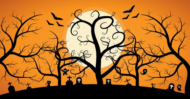Árbol de la muerte bajo la luna Bosque espeluznante y cementerio Fondo de Halloween