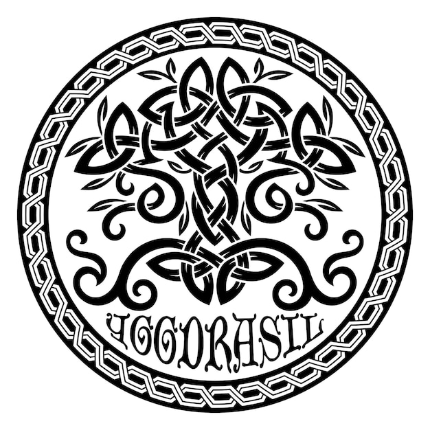 Vector Árbol mundial de diseño vikingo de la mitología escandinava yggdrasil y marco de patrón celta dibujado en el viejo