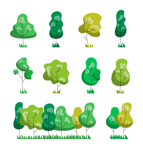 Árbol naturaleza bosque jardín de plantas de hierba dibujo vectorial Colección de elementos de diseño