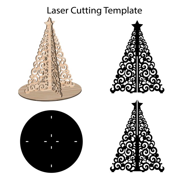 Árbol de Navidad 3D cortado por láser plantilla de archivo vectorial 3D modelo de pino de abeto decoración de Año Nuevo