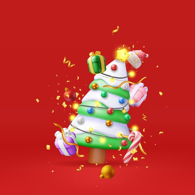 Árbol de Navidad en 3D decorado con cajas de regalos Bolas coloridas Luces de guirnalda Estrella dorada Render de abeto Árbol de hoja perenne Tarjeta de felicitación Poster festivo Invitaciones de fiesta Año Nuevo Ilustración vectorial