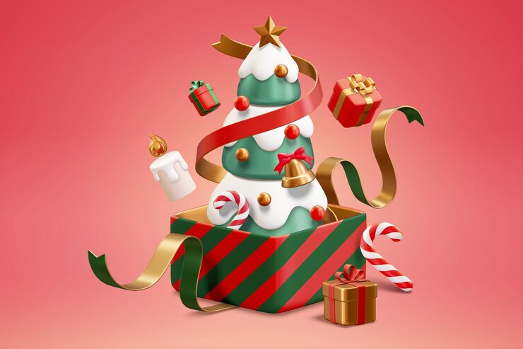 Vector árbol de navidad 3d en un regalo sin caja.