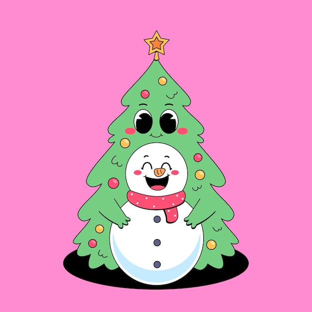 El árbol de Navidad abrazando a un muñeco de nieve