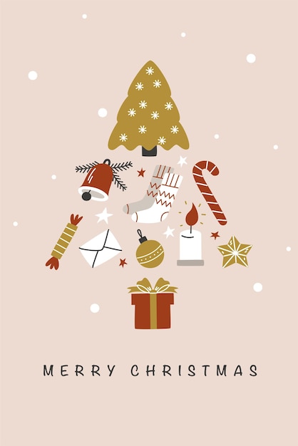 Árbol de Navidad abstracto hecho de elementos dibujados a mano en una ilustración gráfica de fondo beige