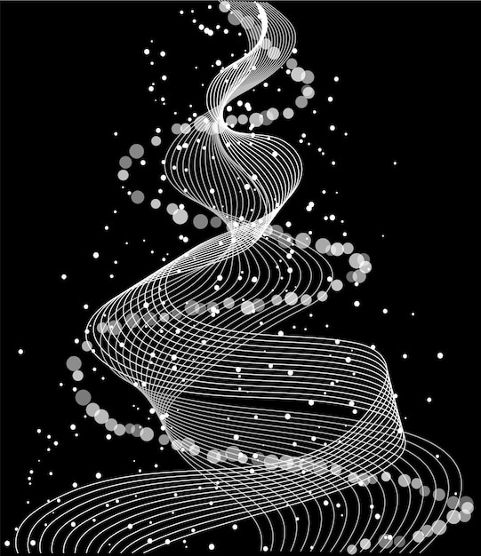 Árbol de Navidad abstracto con líneas y decoraciones circulares en un fondo negro Concepto de diseño moderno de vacaciones y celebración festiva Ilustración vectorial