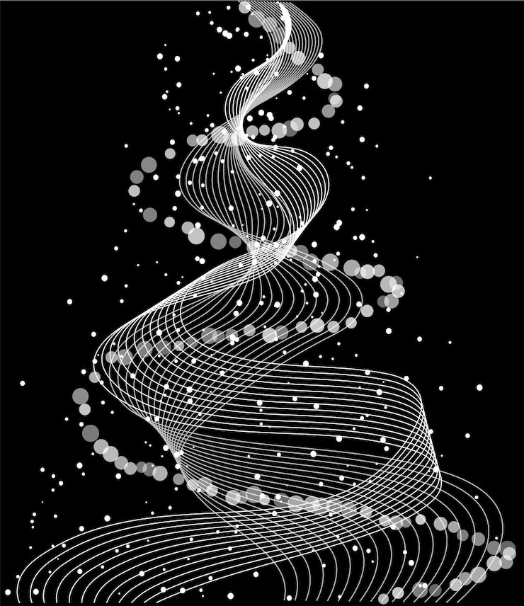 Vector árbol de navidad abstracto con líneas y decoraciones circulares en un fondo negro concepto de diseño moderno de vacaciones y celebración festiva ilustración vectorial