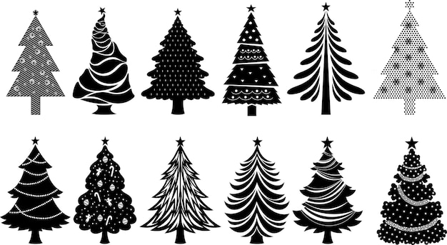 Árbol de Navidad Abstracto Siluetas negras Conjunto de Colección dibujado a mano vectorial