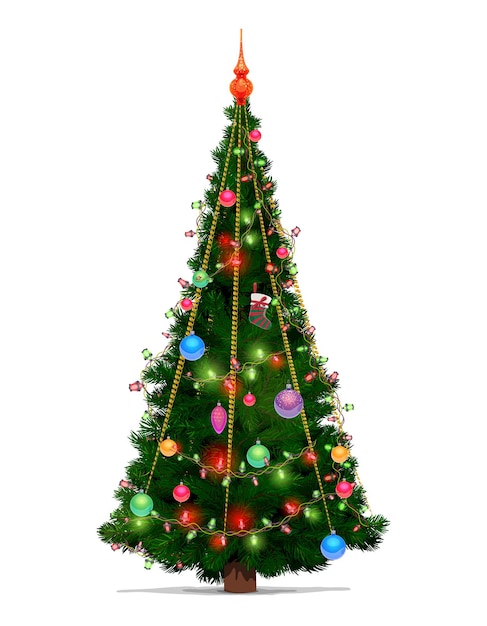 Árbol de navidad con adornos de bolas y regalos de navidad, diseño de dibujos animados de feliz navidad y año nuevo. vacaciones de invierno verde abeto o pino con luces brillantes y adornos, medias y serpentinas