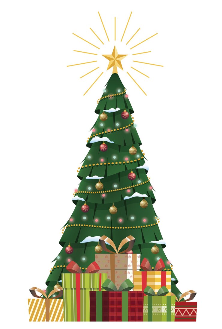 Vector árbol de navidad con adornos con caja de regalo diseño plano feliz navidad