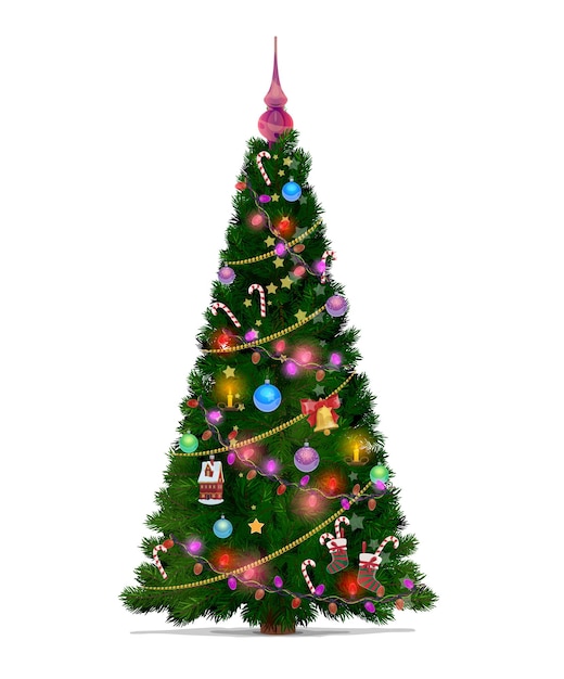 Árbol de Navidad con adornos de dibujos animados de estrellas, regalos y bolas, Feliz Navidad y Año Nuevo. Abeto verde o pino con luces navideñas, campana de Navidad y cinta roja, velas y caramelos