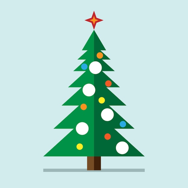 Árbol de Navidad con adornos, estrellas y nieve sobre fondo azulado claro. Estilo plano. Ilustración de vector EPS 10, sin transparencia