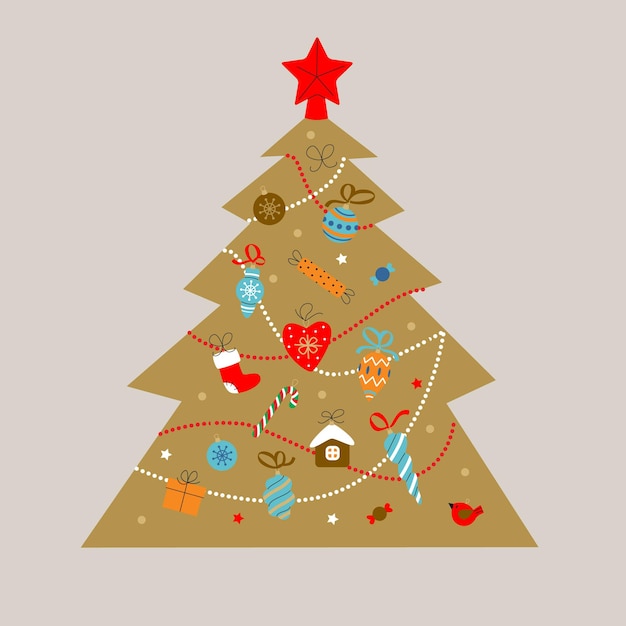 Vector Árbol de navidad y adornos para el nuevo año.