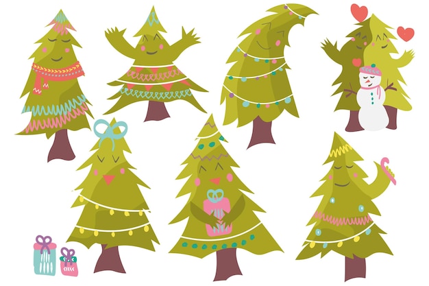 Árbol de Navidad ambientado en un vibrante estilo de dibujos animados que presenta una encantadora variedad de árboles de Navidad