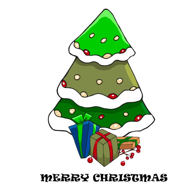 Árbol de Navidad y año nuevo con adornos navideños y cajas de regalo Ilustración vectorial Tarjeta de felicitación