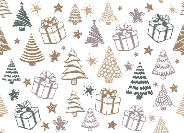 árbol de navidad, año nuevo, conjunto, regalo, mano, dibujado, ilustraciones, vector
