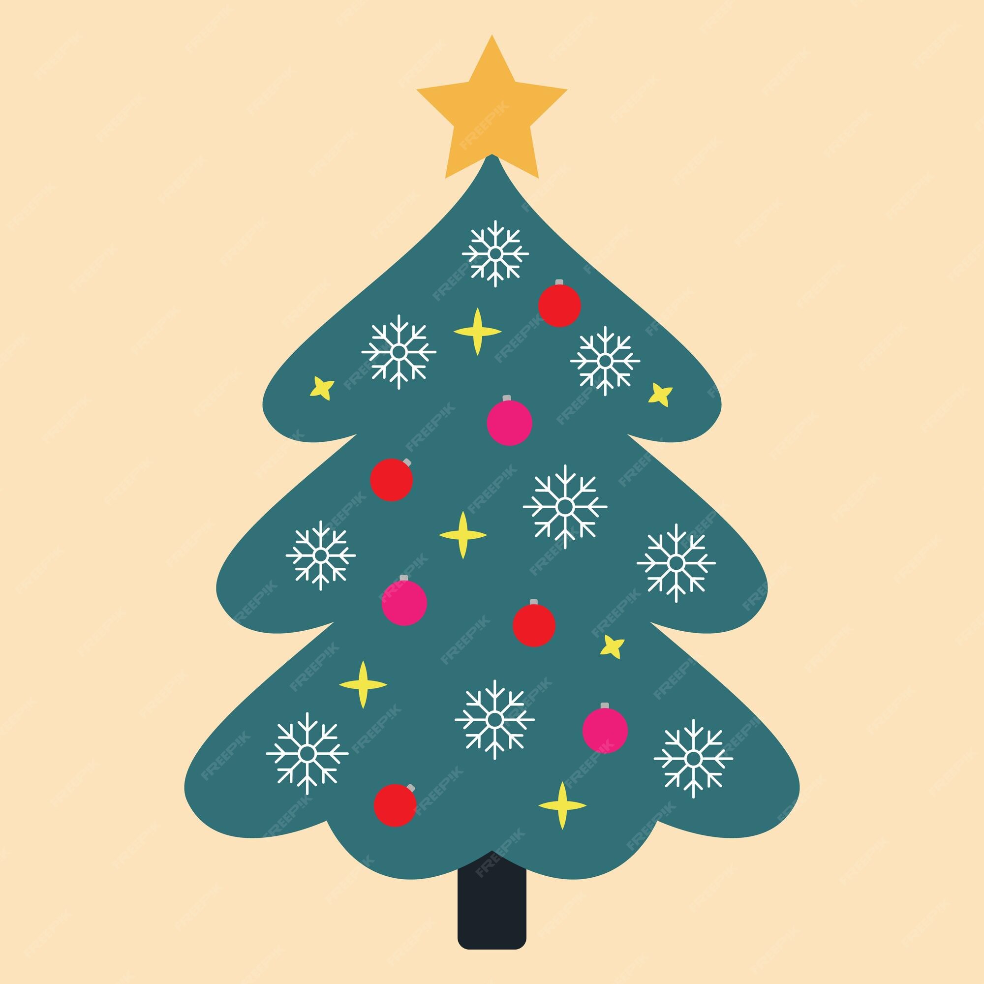 Árbol de navidad árbol de hoja perenne con adornos y regalos juguetes concepto de de navidad y año nuevo dibujo colorido de estilo de dibujos animados | Vector Premium