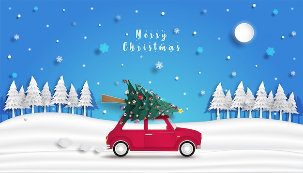 Vector el árbol de navidad está en el auto rojo y el diseño de origami o fondo de corte de papel