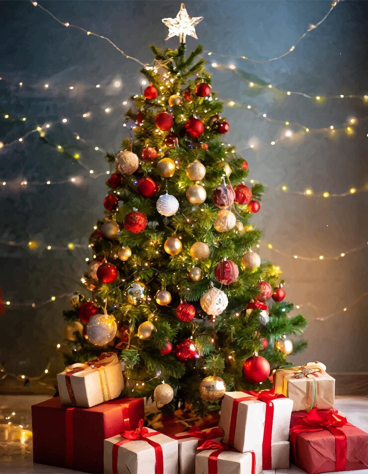 Vector árbol de navidad bellamente decorado con cajas de regalos