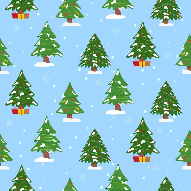 Árbol de Navidad con bolas de árbol y juguetes de árbol de patrones sin fisuras. Ilustración de vector plano.