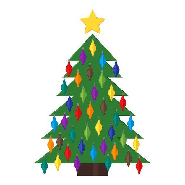Árbol de Navidad con bolas de Navidad y una estrella en la parte superior. Ilustración vectorial.