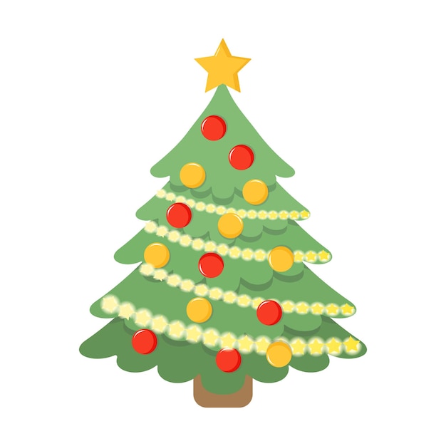 Árbol de Navidad con bolas rojas y amarillas ilustración vectorial. Estilo plano.