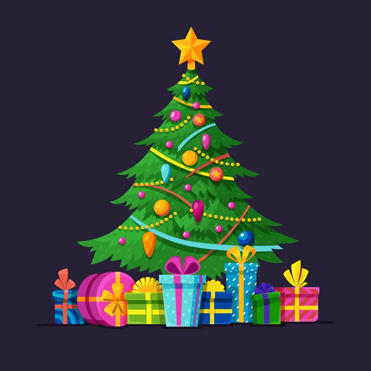 Vector árbol de navidad con bombillas, regalos y bolas de navidad ilustración vectorial plana
