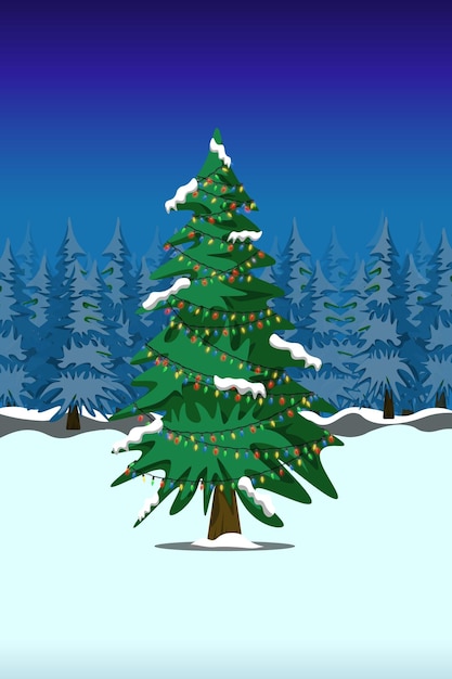 Árbol de Navidad en el bosque de invierno por la noche Tarjeta de felicitación de Navidad Ilustración vectorial colorida