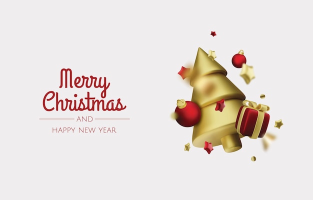Árbol de Navidad brillante Feliz Año Nuevo y Feliz Navidad Diseño 3D realista de objetos caja de regalos copos de nieve bola de Navidad Ilustración vectorial