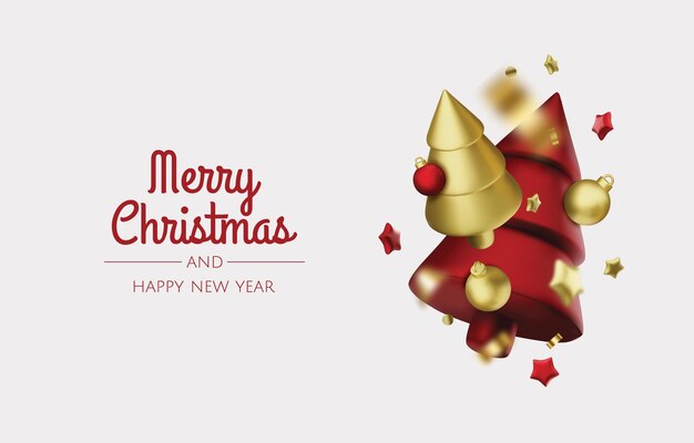 Árbol de Navidad brillante Feliz Año Nuevo y Feliz Navidad Diseño 3D realista de objetos caja de regalos copos de nieve bola de Navidad Ilustración vectorial