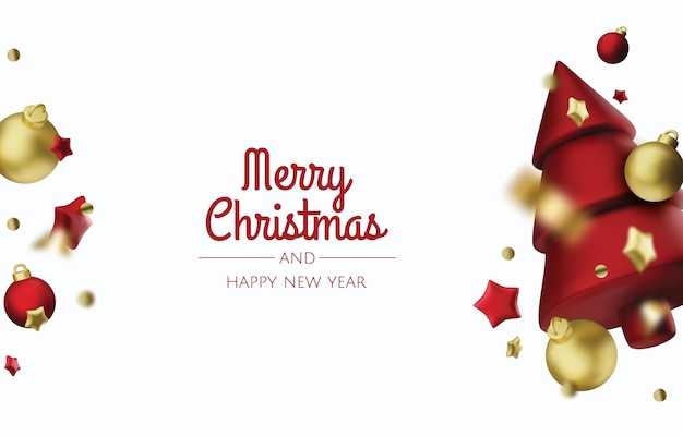 Árbol de Navidad brillante Feliz Año Nuevo y Feliz Navidad Diseño 3D realista de objetos caja de regalos copos de nieve bola de Navidad Ilustración vectorial
