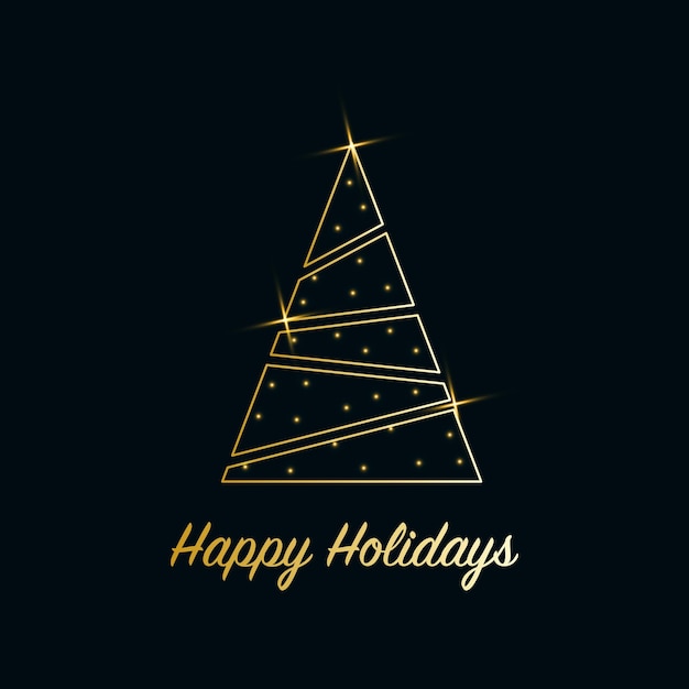 Árbol de Navidad brillante con polvo brillante. Icono de contorno metálico dorado sobre un fondo azul oscuro. Feliz Navidad y Próspero Año Nuevo 2022. Dorado Metálico. Ilustración vectorial. Felices vacaciones.