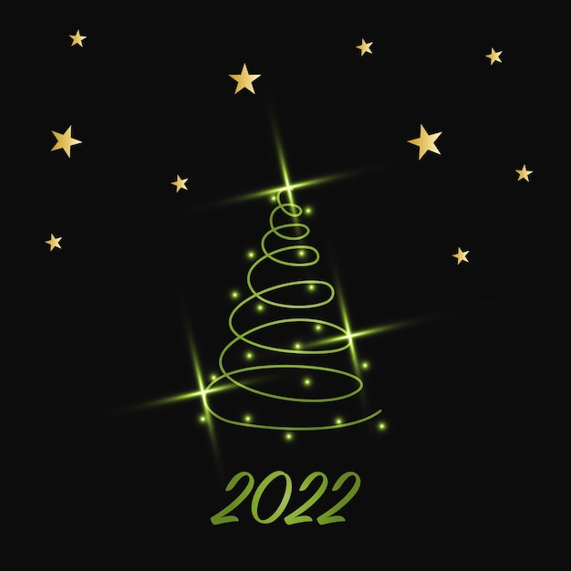 Árbol de Navidad brillante con polvo brillante. Icono de contorno metálico verde sobre un fondo oscuro. Feliz Navidad y próspero año nuevo 2022. Ilustración vectorial.
