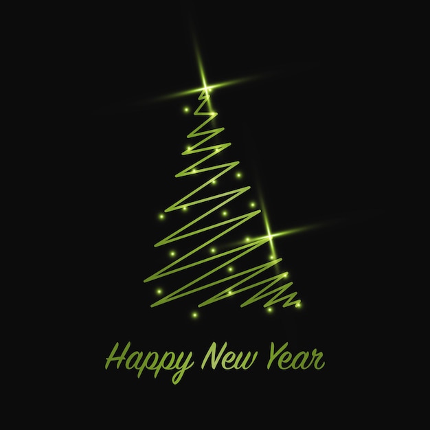 Árbol de Navidad brillante con polvo brillante. Icono de contorno metálico verde sobre un fondo oscuro. Feliz Navidad y próspero año nuevo 2022. Ilustración vectorial.