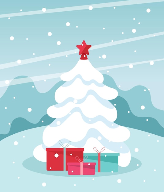 Árbol de Navidad con cajas de regalo y una estrella. Feliz navidad y próspero año nuevo.