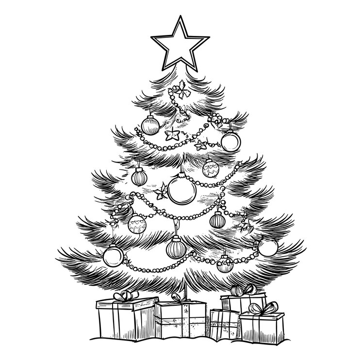 Vector árbol de navidad caprichoso con adornos y regalos