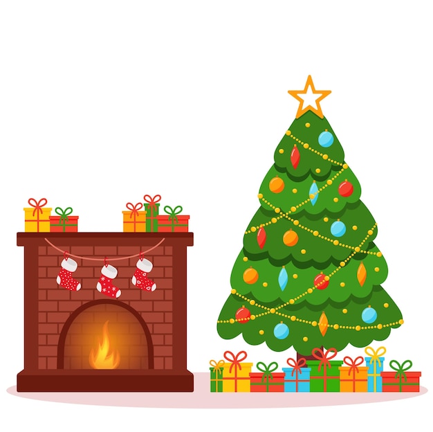 arbol de navidad con chimenea y calcetines